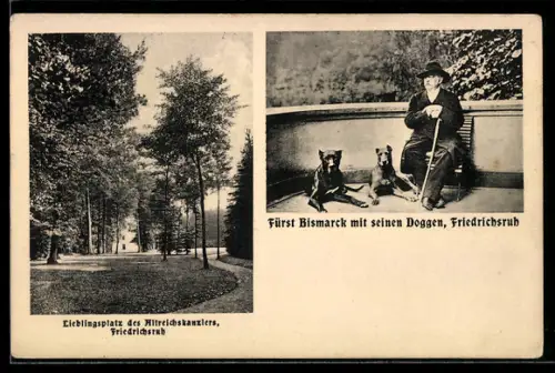 AK Friedrichsruh, Fürst Bismarck mit seinen Doggen, Lieblingsplatz des Kanzlers