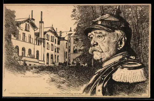 Künstler-AK Friedrichsruh, Porträt Otto von Bismarck in Kürassieruniform mit Pickelhaube