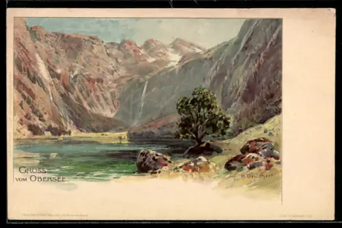 Künstler-AK H. Deuchert: Berchtesgaden, Obersee, Partie am See mit Gebirgspanorama