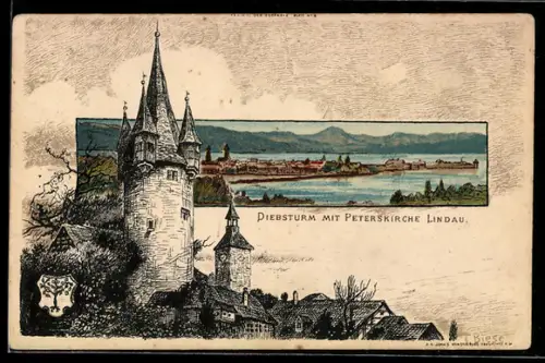 Künstler-AK Lindau, Diebsturm mit Peterskirche, Panorama