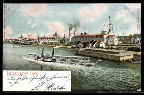 AK Düsseldorf, Industrie- und Gewerbe-Ausstellung 1902, Blick auf das Festgelände, Dampfer