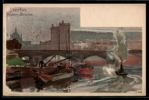 Künstler-AK Heinrich Kley: Berlin, Alsenbrücke mit Dampfer