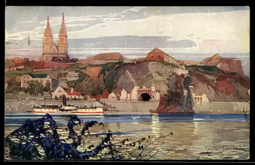 Künstler-AK Prag / Praha, Wyschehrad, Dampfer vor dem Ort