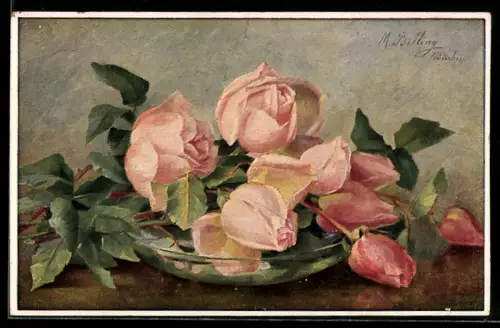 Künstler-AK M. Billing: Rote Rosen in einer Glasschale