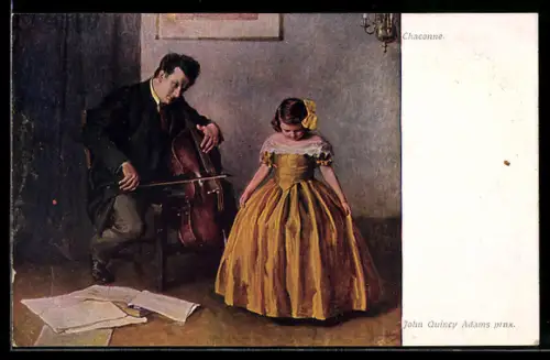 Künstler-AK Cellospieler & kleines Mädchen im Ballkleid Chaconne