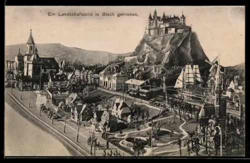 AK Bisingen-Zimmern, Teilansicht des in Blech getriebenen Landschaftsbildes mit Burg Hohenzollern