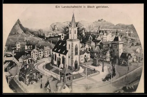 AK Teilansicht eines in Blech getriebenen Landschaftsbildes, Kirche