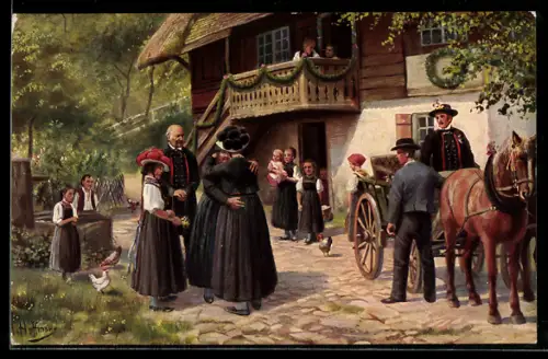 Künstler-AK H. Hoffmann: Schwarzwälder Trachten, Abschied vom Elternhaus, Kutsche