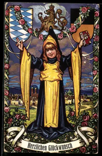 AK Münchner Kindl mit Bibel unter einer Rosenranke stehend