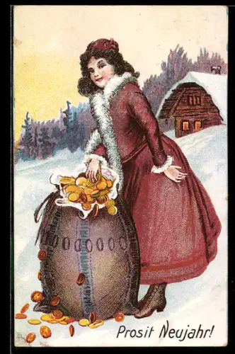 AK Junge Frau mit einem grossen Sack voller Geldmünzen zum neuen Jahr