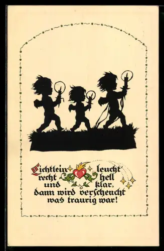 Künstler-AK Georg Plischke: Schattenbild, Liechtlein leucht` recht hell..., Drei Englein mit Kerzen