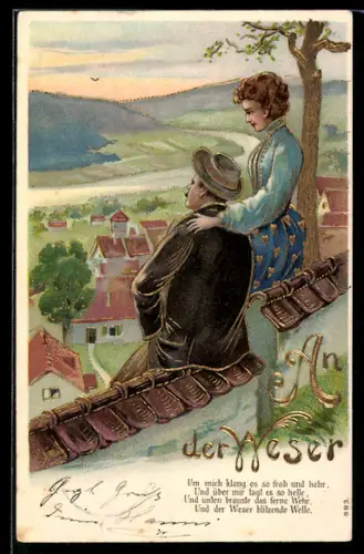 AK Liebespaar blickt auf einen Ort an der Weser