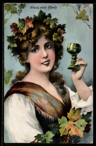 AK Ahrtal, Frau mit Glas und Weinblättern