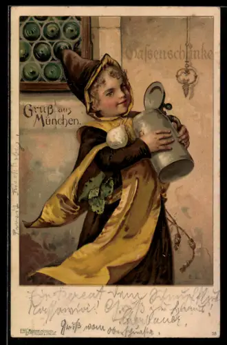 Lithographie München, Münchner Kindl mit Bierkrug vor dem Gasthaus Gassenschänke