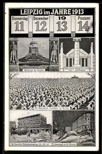AK Leipzig, 11.12.13 Postamt 14, XII. Deutsches Turnfest, Löwenjagd & 18. Deutscher Reichsfeuerwehrtag
