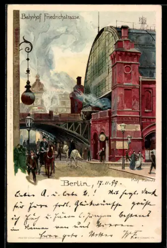 Künstler-AK Heinrich Kley: Berlin, Blick zum Bahnhof Friedrichstrasse mit Pferden und Passanten