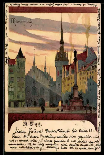 Künstler-AK Heinrich Kley: München, Marienplatz mit Anwohnern