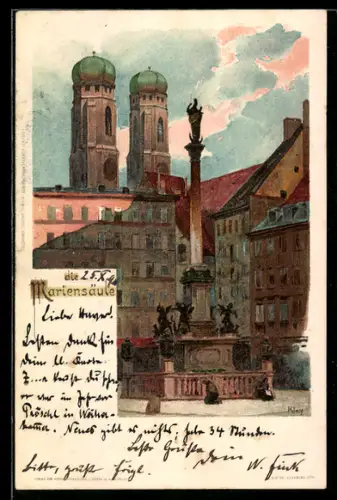 Künstler-Lithographie Heinrich Kley: Partie an der Mariensäule