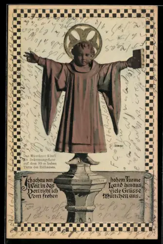 AK München, das Münchner Kindl als Figur auf dem Turm des Rathauses