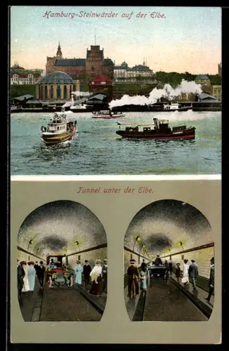 AK Hamburg-Steinwärder, Blick von der Elbe zur Kirche, unterwegs im Tunnel