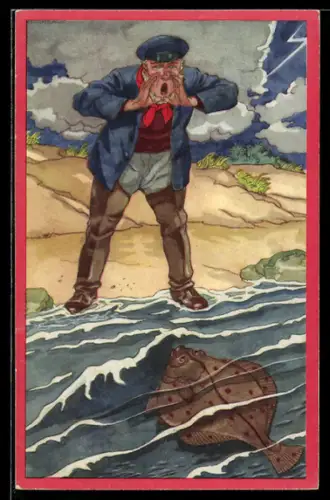 AK Märchen Die drei Wünsche mit einem Fischer der zu einem Fisch redet