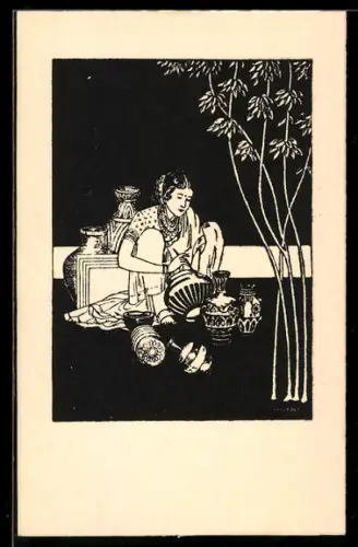Künstler-AK sign. Rauleder: Inderin bemalt Vasen