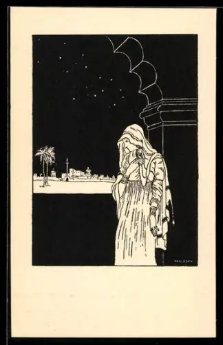 Künstler-AK sign. F. H. Rauleder: Eine Frau steht im Torbogen in der Nacht