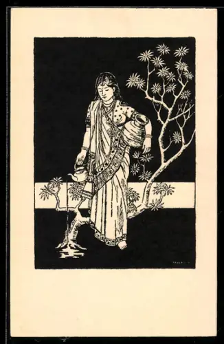 Künstler-AK sign. Rauleder: Inderin mit Krug und Teekanne