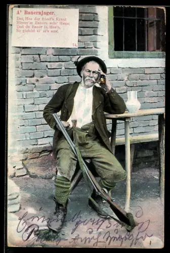 AK Jäger aus einer Bank sitzend, Spruch
