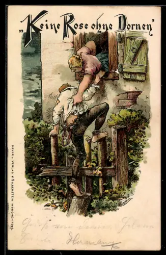 Lithographie Keine Rose ohne Dornen, Frau hilft ihrem Geliebten beim Übersteigen eines Zaunes, Scherz