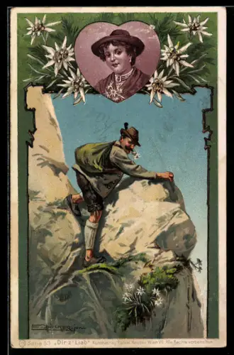 Künstler-AK E. Döcker: Bergsteiger mit Edelweis auf dem Felsen & Herzporträt seiner Frau
