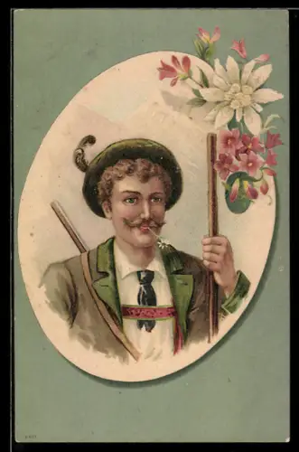 Lithographie Bayerischer Kletterer mit Edelweiss