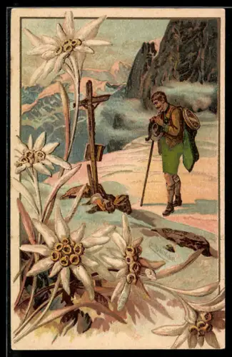 Künstler-AK E. Döcker: Bergsteiger betet an Gipfelkreuz