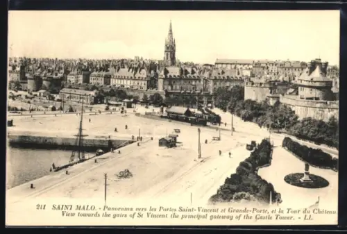 AK Saint Malo, Panorama vers les Portes Saint-Vincent et Grande-Porte, et la Tour du Château, Strassenbahn