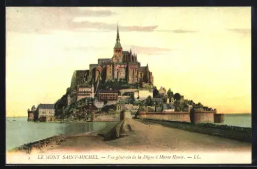 AK Le Mont Saint-Michel, Vue générale de la Digue à Marée Haute