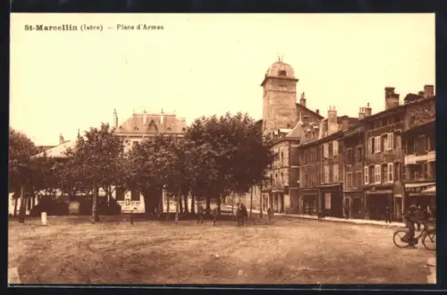 AK St-Marcellin /Isère, Place d`Armes avec bâtiments et arbres