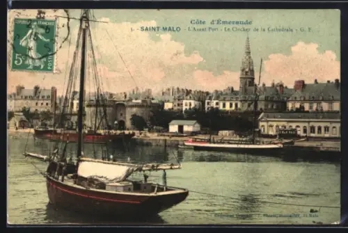 AK Saint-Malo, L`Avant Port-Le Clocher de la Cathèdrale, Hafen