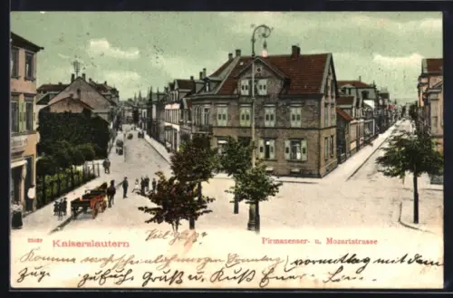 AK Kaiserslautern, Pirmasenser- u. Mozartstrasse mit Wohnhäusern