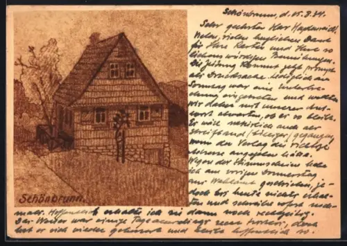 Künstler-AK Handgemalt: Schönbrunn /Odenwald, Ortspartie mit Wohnhaus