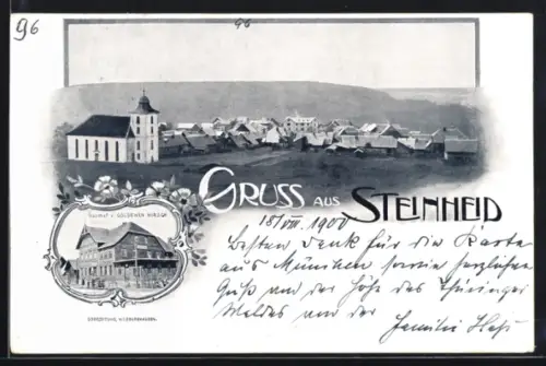 Lithographie Steinheid, Totalansicht des Ortes und Gasthof z. Goldenen Hirsch