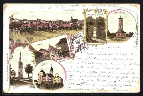 Lithographie Eisfeld, Markt, Schloss, Ortsansicht