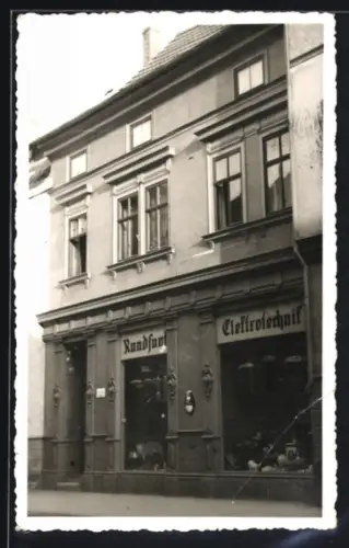 Foto-AK Mühlhausen /Thür., Rundfunk Elektrotechnik in der strasse 17, jetzt Jüdenstrasse 16