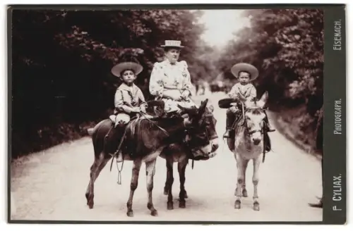 Fotografie F. Cyliax, Eisenach, Ansicht Eisenach, Erbprinz Leopold und Hubertus auf Esel mit Dienstmädchen