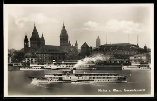 AK Mainz a. Rhein, Raddampfer Hindenburg auf dem Rhein vor der Stadt