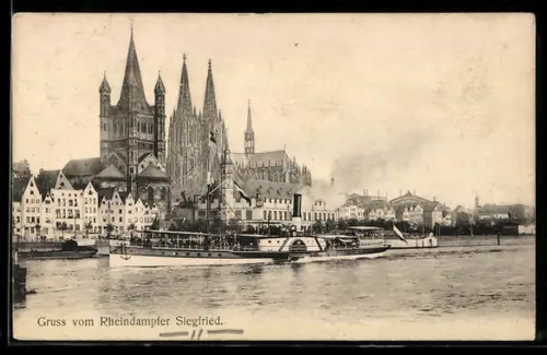 AK Raddampfer Siegfried auf dem Rhein vor dem Kölner Dom