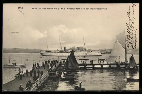 AK Kiel, Blick auf den Hafen mit S.M.S. Yacht Hohenzollern von der Reventloubrücke