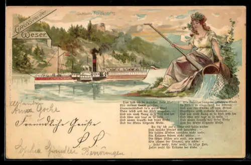 Lithographie Raddampfer auf der Weser vor Schloss Fürstenberg, Fischerin mit Netz