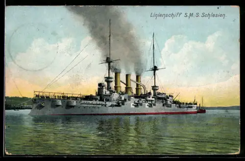 AK Linienschiff S.M.S. Schlesien unter Dampf, Kriegsschiff