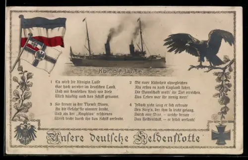 AK Kriegsschiff Königin Luise mit rauchenden Schornsteinen, Eisernes Kreuz 1914 und Reichskriegsflagge