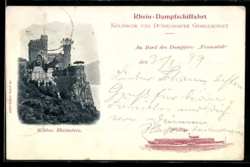 AK Dampfer Frauenlob der Rhein-Dampfschiffahrt, Schloss Rheinstein